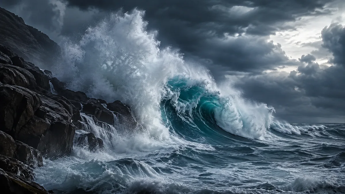 storm wave crashing against rocky coastline