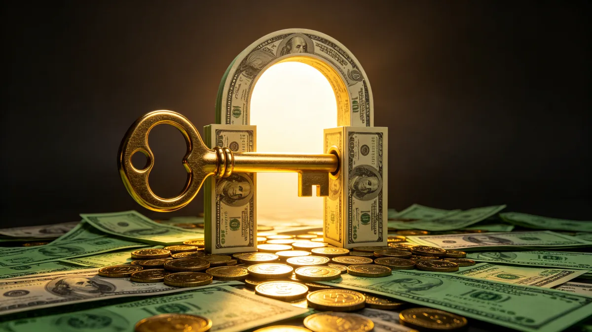 A bright doorway opens above a floor covered in cash and coins, with a key nearby and warm light pouring through, suggesting access, opportunity, unlocking wealth, and new financial paths.