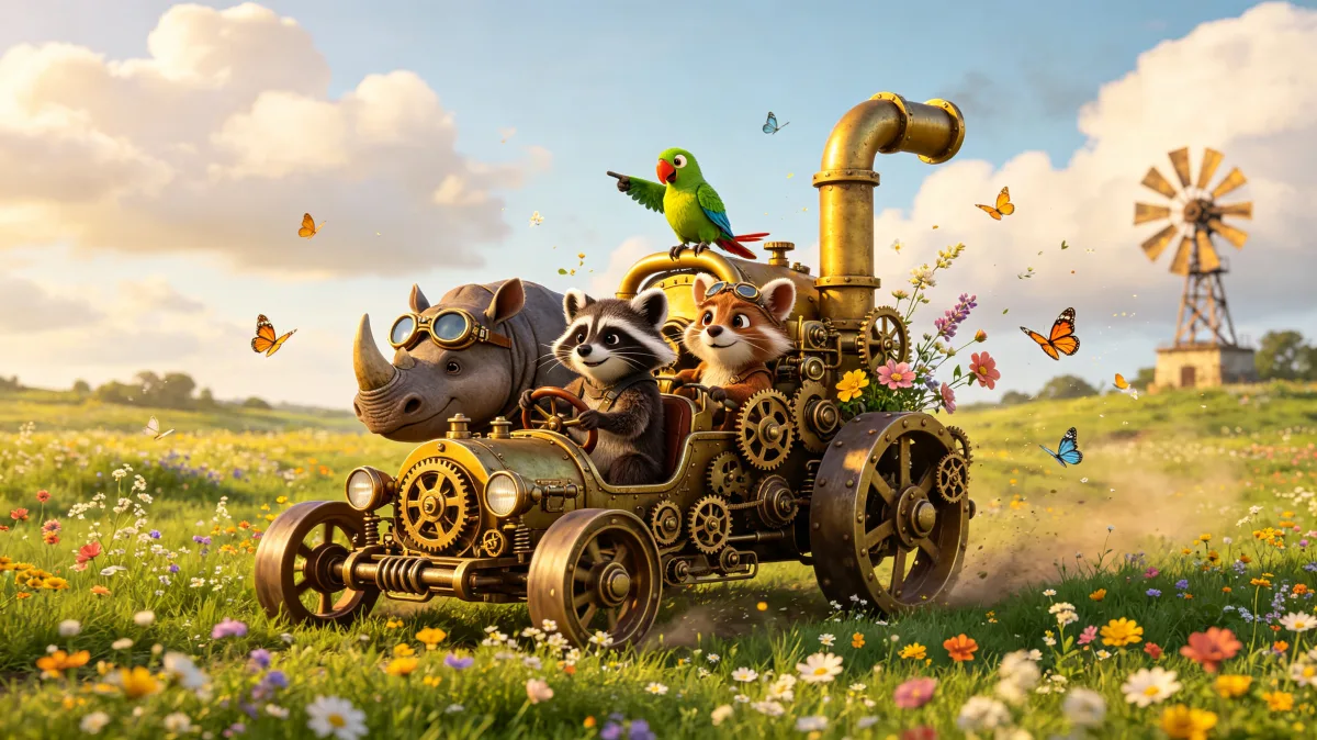 A colorful storybook cartoon scene featuring steampunk animal vehicle across flower meadow, designed for playful children-friendly illustration use.