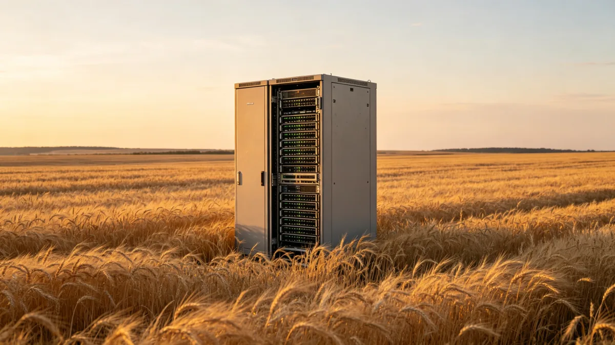 A full-height server cabinet stands alone in a golden wheat field at sunset, combining agriculture and technology to suggest edge computing, rural data, farm automation, and digital infrastructure...