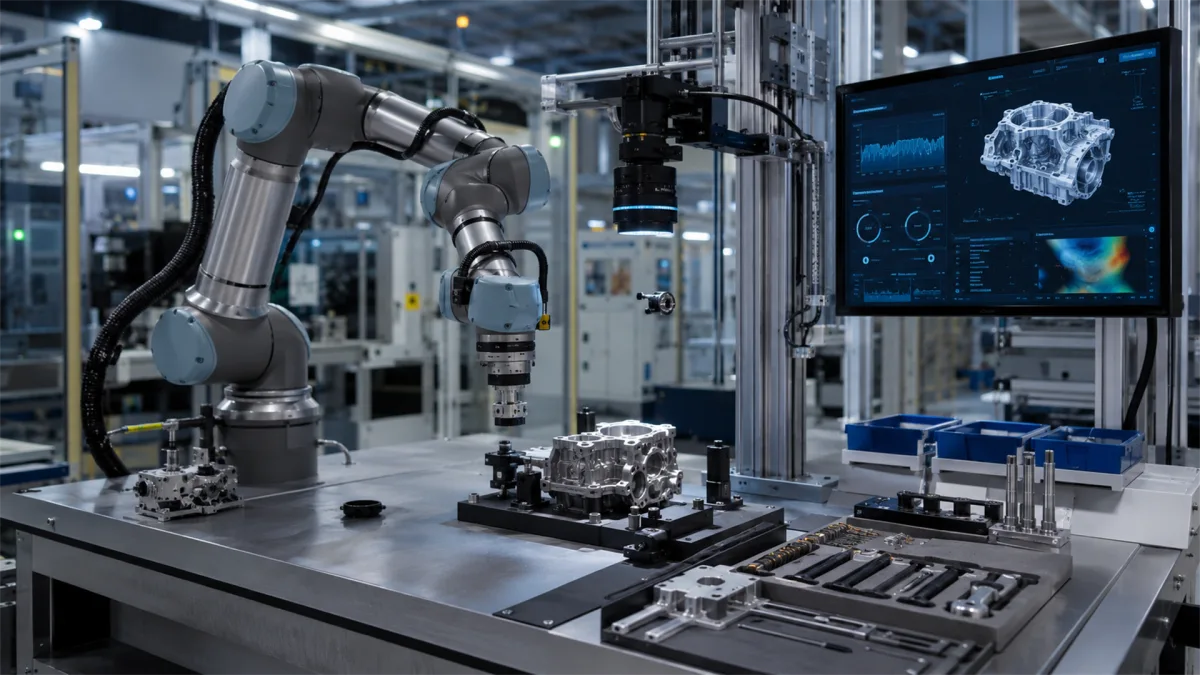 A robotic manufacturing station works beside a screen displaying a digital model, suggesting automated production and engineering workflow.