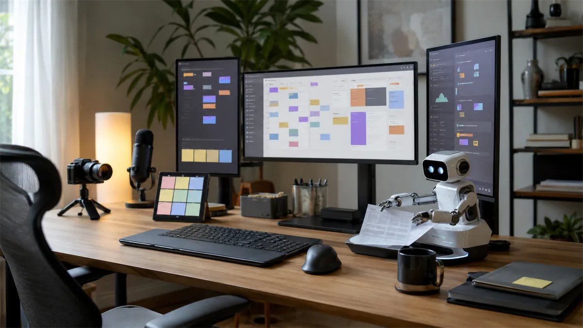 A creative desk includes monitors, color boards, camera gear, and a small desktop robot, suggesting AI-assisted design work and content production.