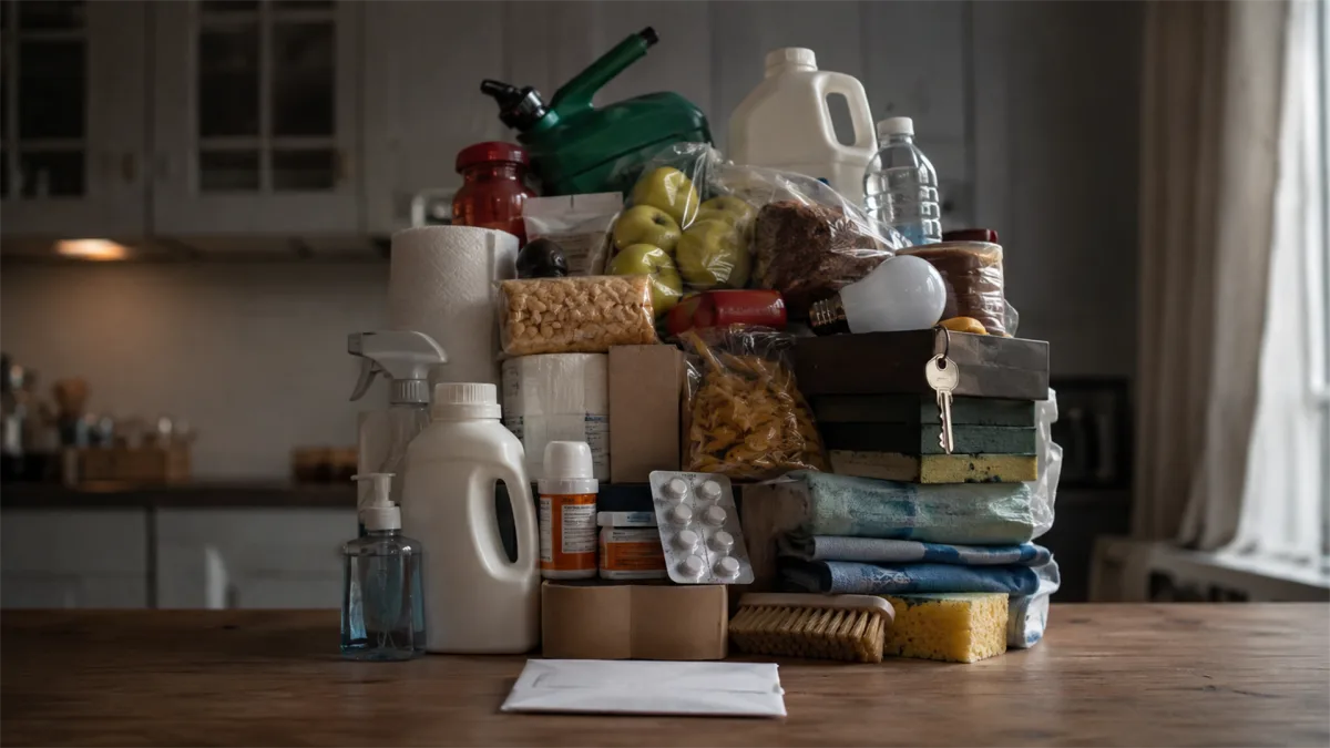 A stacked pile of household goods and cleaning products sits beside paperwork, representing cost-of-living pressure and monthly domestic expenses.