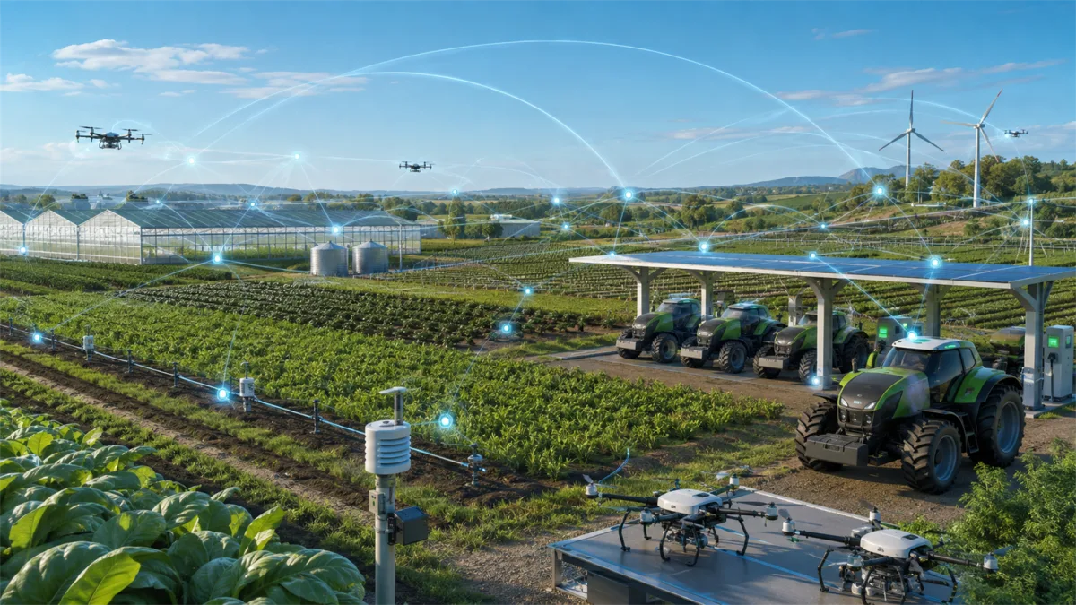 A green agricultural landscape includes drones, farm vehicles, solar panels, and glowing data links across fields, showing precision agriculture, connected sensors, automated monitoring, and rural...