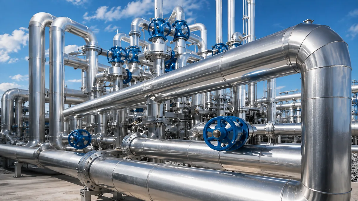 Polished industrial pipes, valves, and manifolds form a complex energy infrastructure scene.