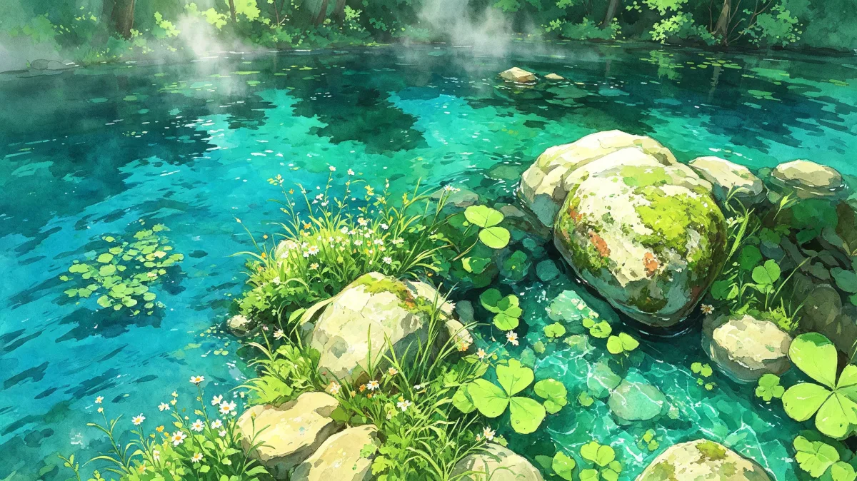 Crystal clear pond with rocks and green water plants