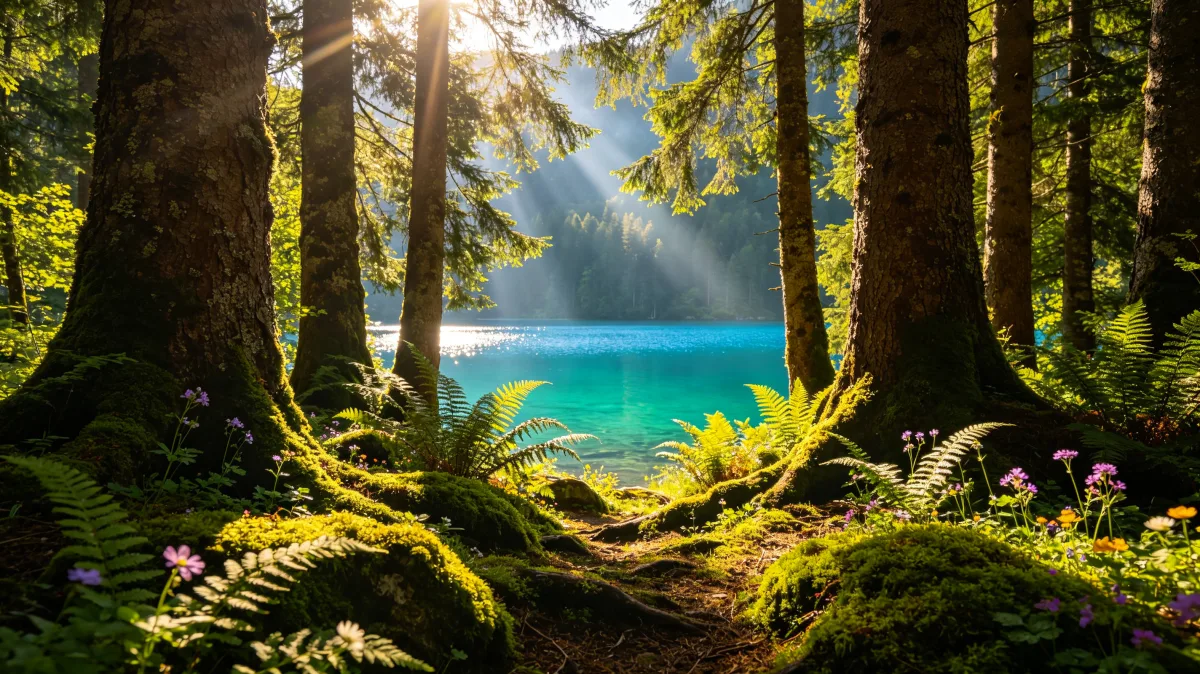 Sunbeams passing through an evergreen forest toward a luminous blue lake with ferns and moss.