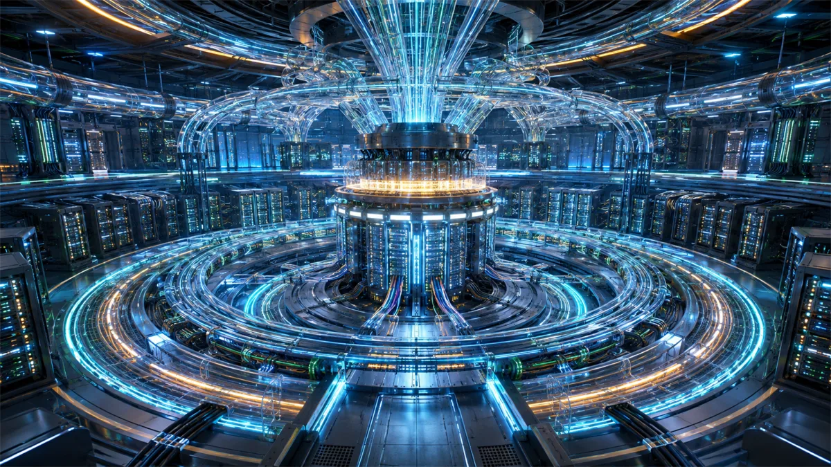 A circular high-tech data core glows at the center of a server room with radial light trails and cables, creating a dramatic image for cloud platforms, network hubs, artificial intelligence...