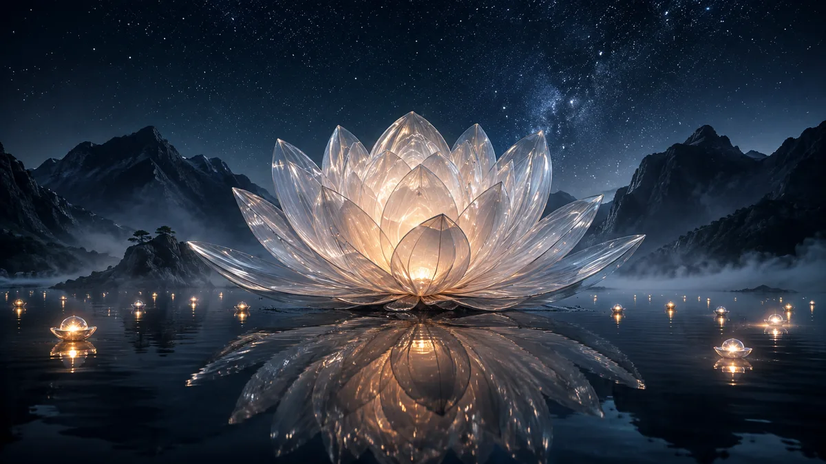 glowing white lotus floating on a mountain lake at night
