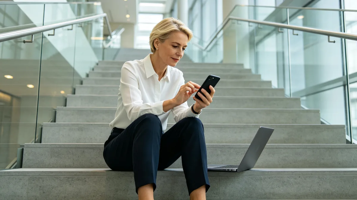 A woman sits on indoor office stairs looking at her phone, suggesting mobile communication, waiting between meetings, quick updates, and informal work moments away from the desk.