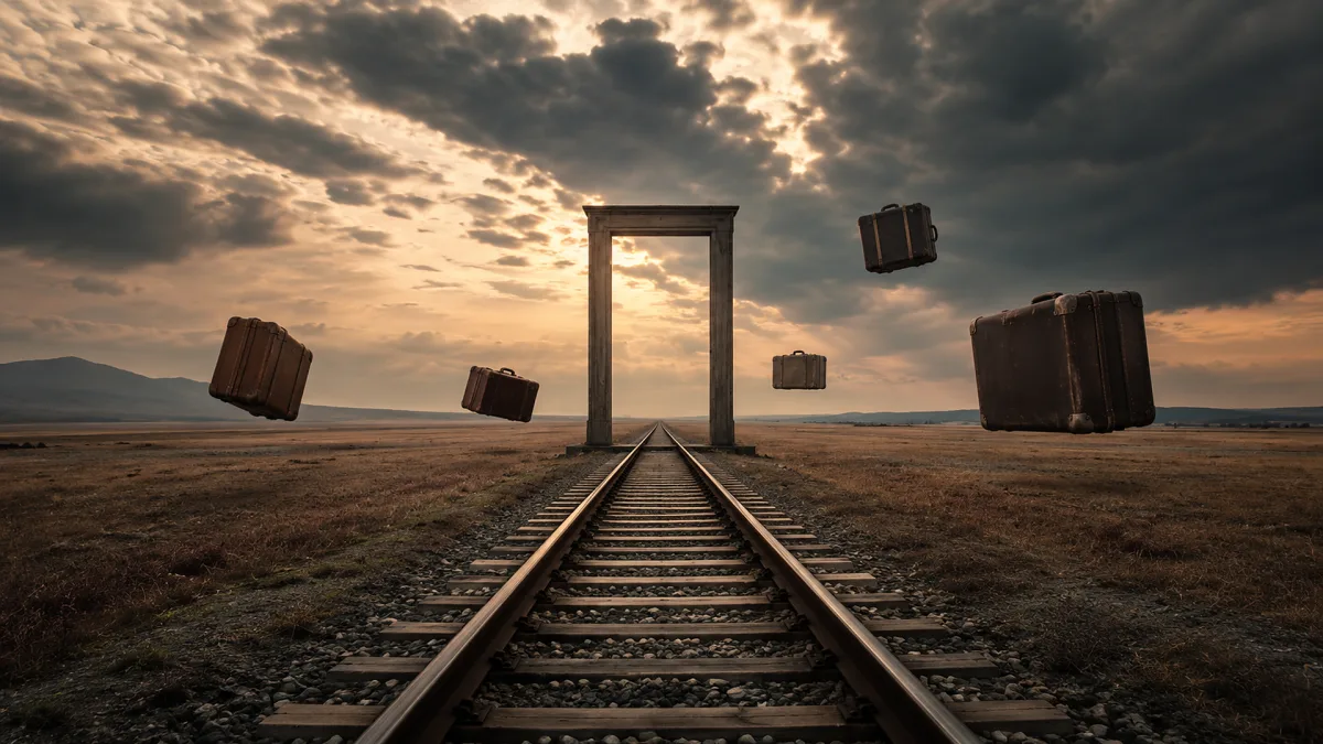 A doorway stands on railroad tracks while blocks float in a stormy landscape.