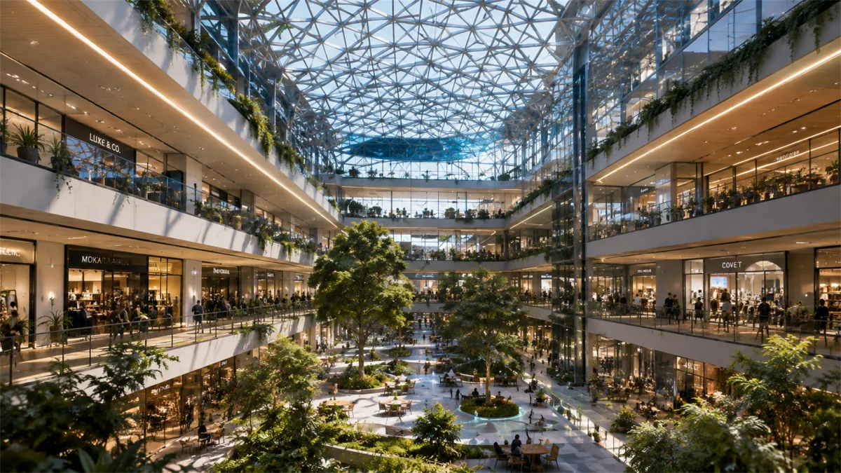 A multi-level shopping atrium integrates gardens, glass roof structure, walkways, and dense public activity in a future retail environment.