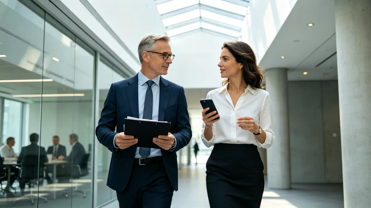 Two professionals walk through a bright corporate atrium while reviewing a tablet, presenting informal hallway collaboration, quick decision-making, mobile work, and business communication in motion.