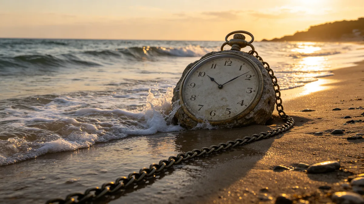 a vintage pocket watch lies on wet sand with a chain stretching into the surf, creating a poetic visual about time, tide, memory, delay, aging, and the pull of the ocean.