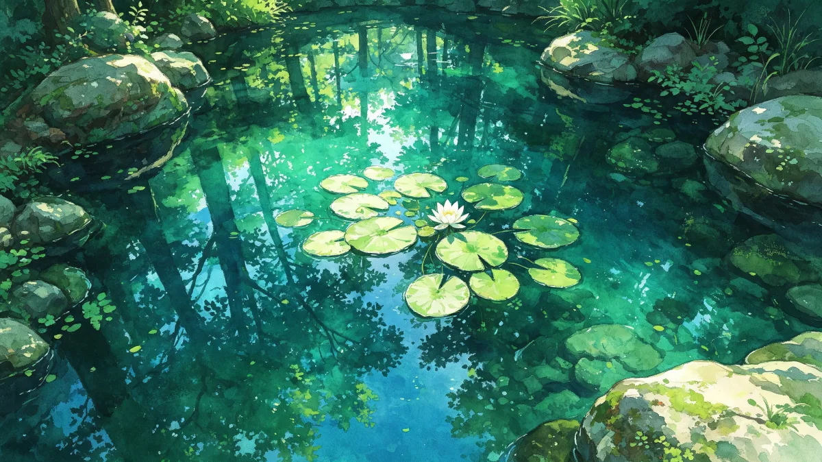 Forest pond with lily pads and reflective green water