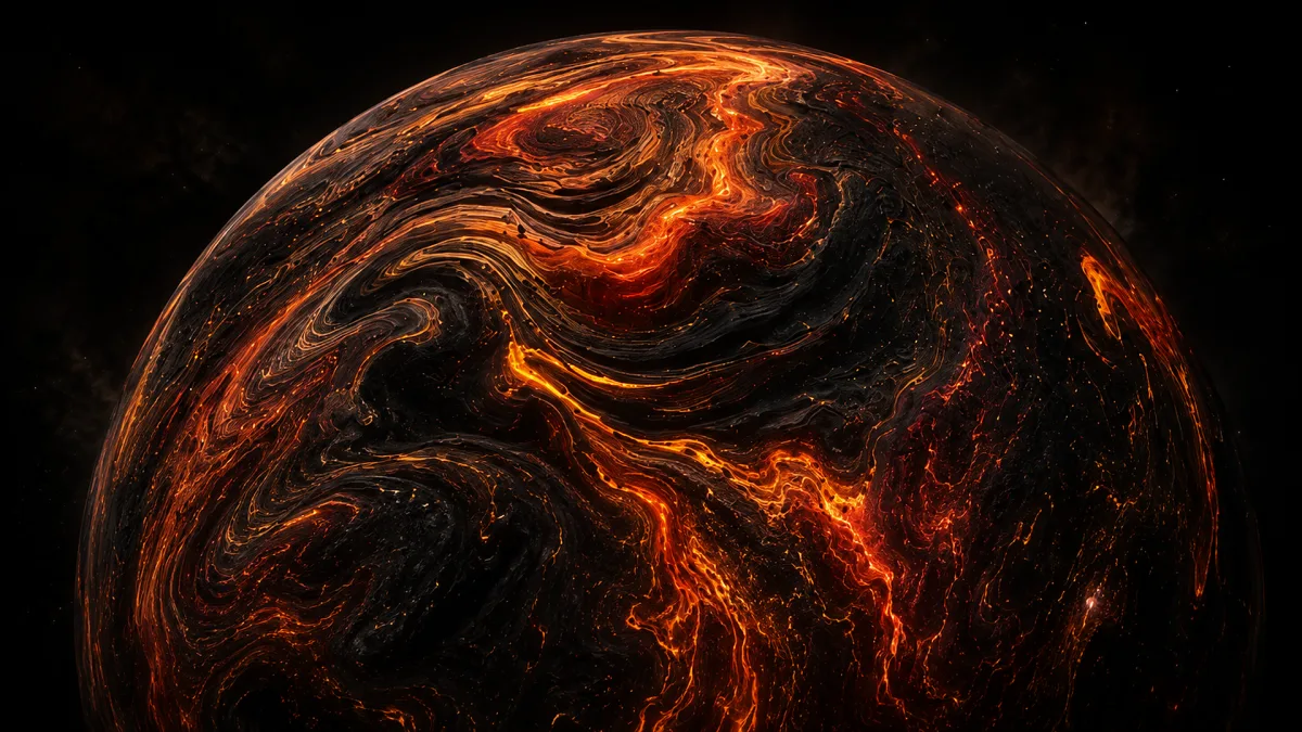 dark sphere with red orange lava-like swirling texture
