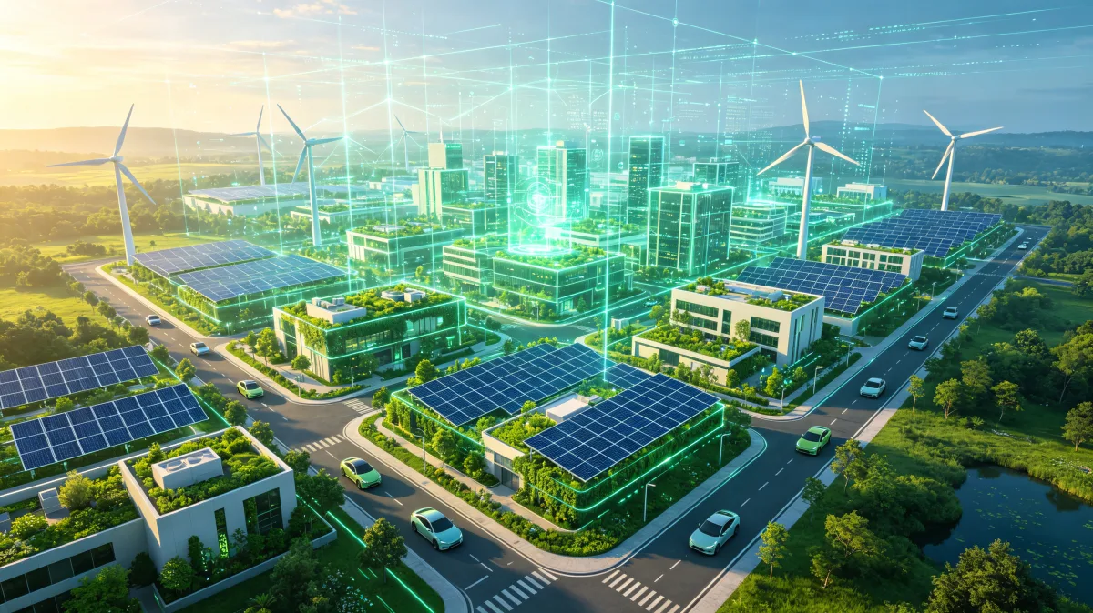 Sustainable smart city with solar panels wind turbines and digital grid overlay