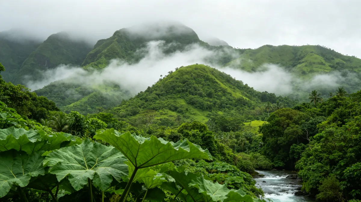 low clouds drift across a lush green mountain valley with oversized leaves in front.