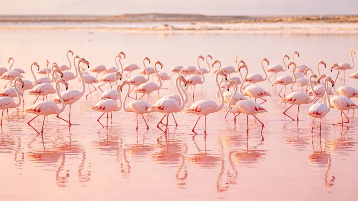 Flamingo flock standing in shallow pink lake water