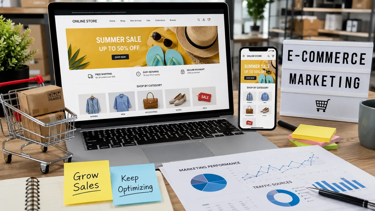 A laptop, phone, shopping cart, charts, and sticky notes form an ecommerce marketing desk for sale campaigns, conversion tracking, and product promotion.