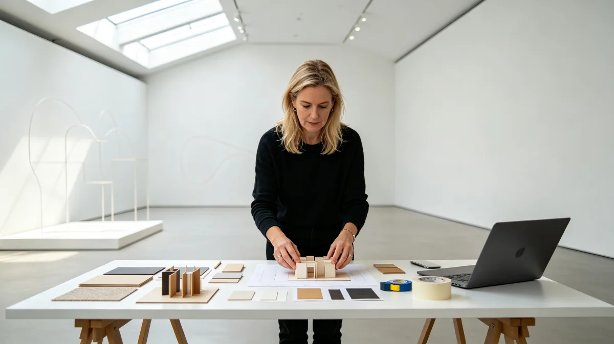 A woman studies floor plans, color swatches, and material samples in a bright white studio with a laptop nearby, showing design selection, client presentation preparation, and careful creative...