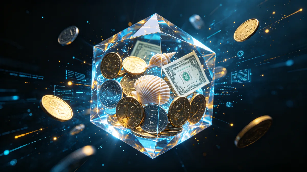 A faceted glass sphere contains coins and banknotes while loose coins fly through a dark digital space, creating a futuristic wealth object about secure storage, tokenized assets, and value in motion.