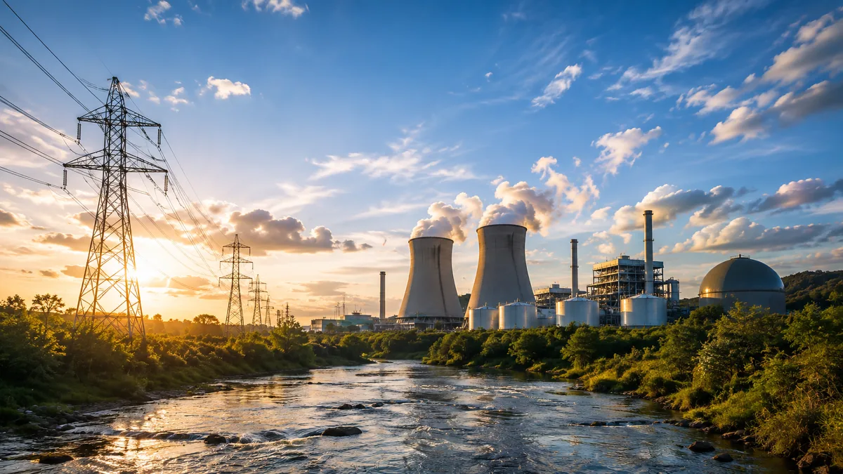 Cooling towers, power lines, and an industrial plant sit beside water under a bright sky.