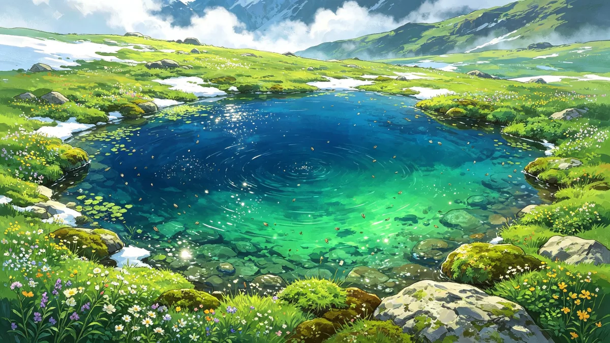 A turquoise mountain lake sits among bright moss, rocks, wildflowers, and distant green hills, offering a refreshing alpine landscape for nature backgrounds, outdoor travel, clean water, and...