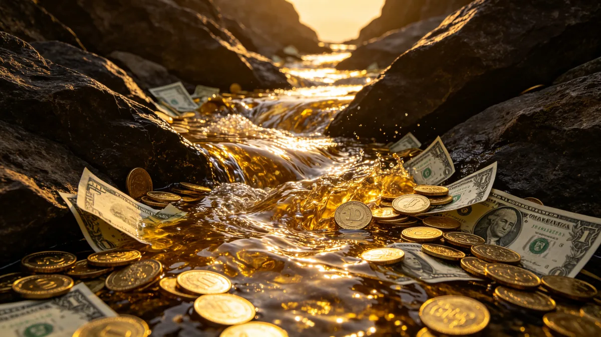 Banknotes and gold coins scatter along a rocky stream in golden light, making a natural cash-flow metaphor where money moves like water through a narrow landscape.