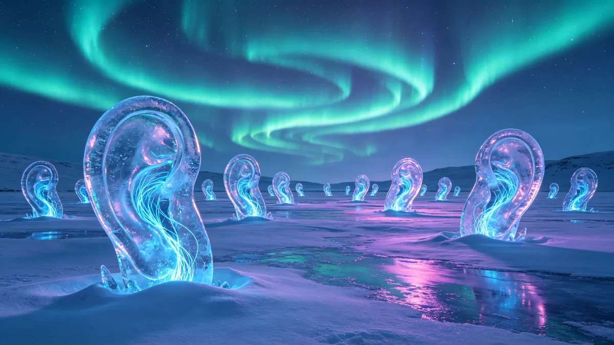 Curved glass forms stand on reflective water under aurora lights in a surreal polar scene.
