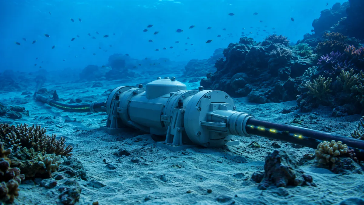 A cylindrical underwater device and cable sit near a coral reef in blue water, suggesting marine cable maintenance, undersea network infrastructure, subsea sensors, and the environmental context...