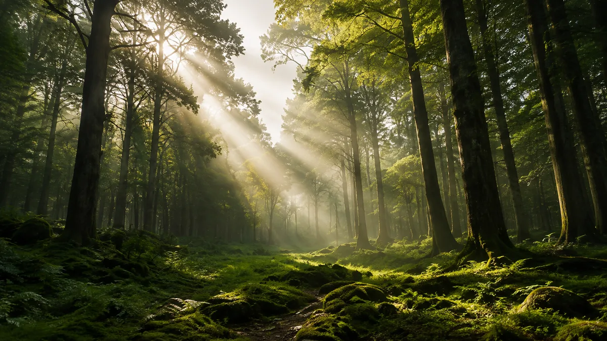 Sunbeams shine through a mossy green forest floor and tall trees.