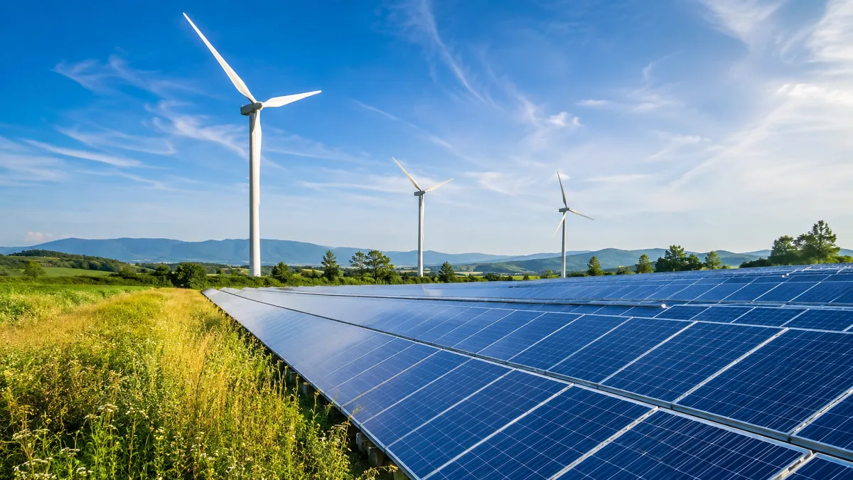 Solar panels and wind turbines stand together in a bright green renewable energy field.