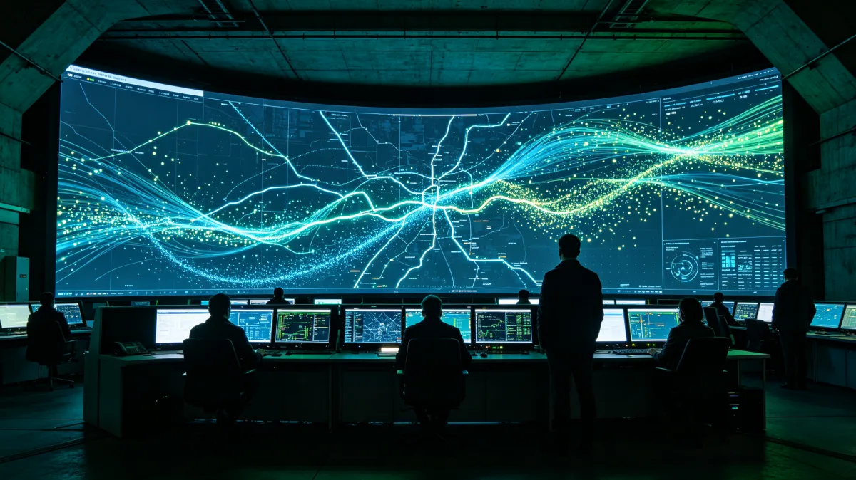 operators monitor a glowing network map across a digital command center wall.
