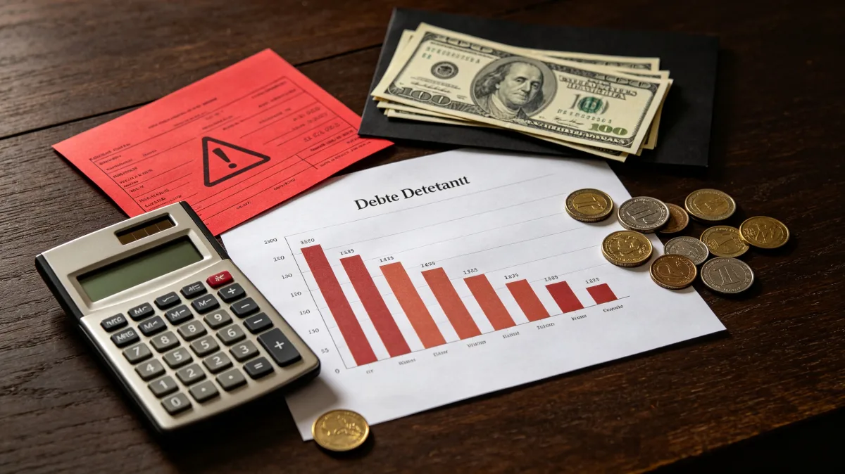 A red warning triangle, falling bar chart, calculator, coins, and a dollar bill sit on a document labeled as a debt statement, creating a clear image of repayment stress and negative financial...