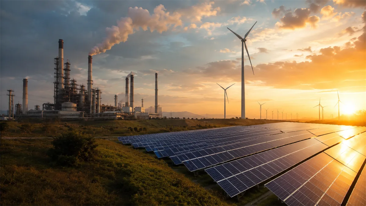 Solar panels and wind turbines stand beside an industrial plant at sunset, suggesting energy transition, production costs, and industrial policy.