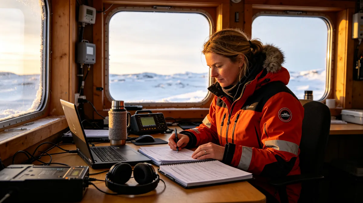 A woman in cold-weather gear works at a laptop inside a remote wooden cabin overlooking snow and ice, combining field research, expedition logistics, documentation, and digital work in extreme...