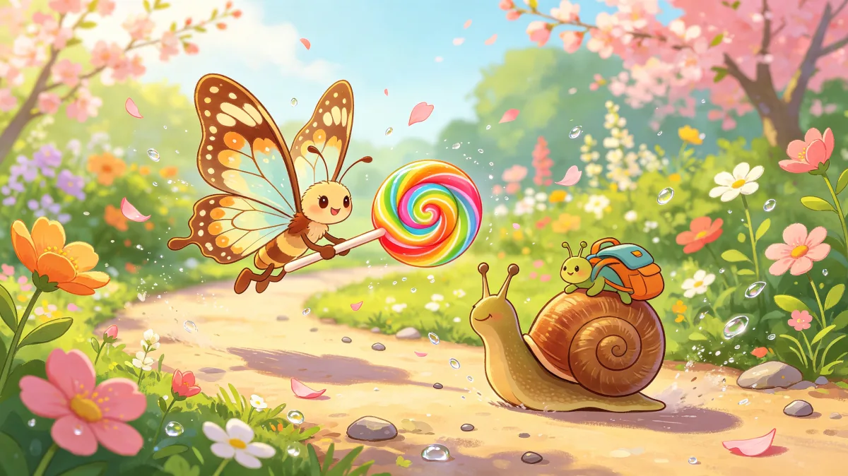 A colorful storybook cartoon scene featuring butterfly sharing lollipop with garden snail, designed for playful children-friendly illustration use.