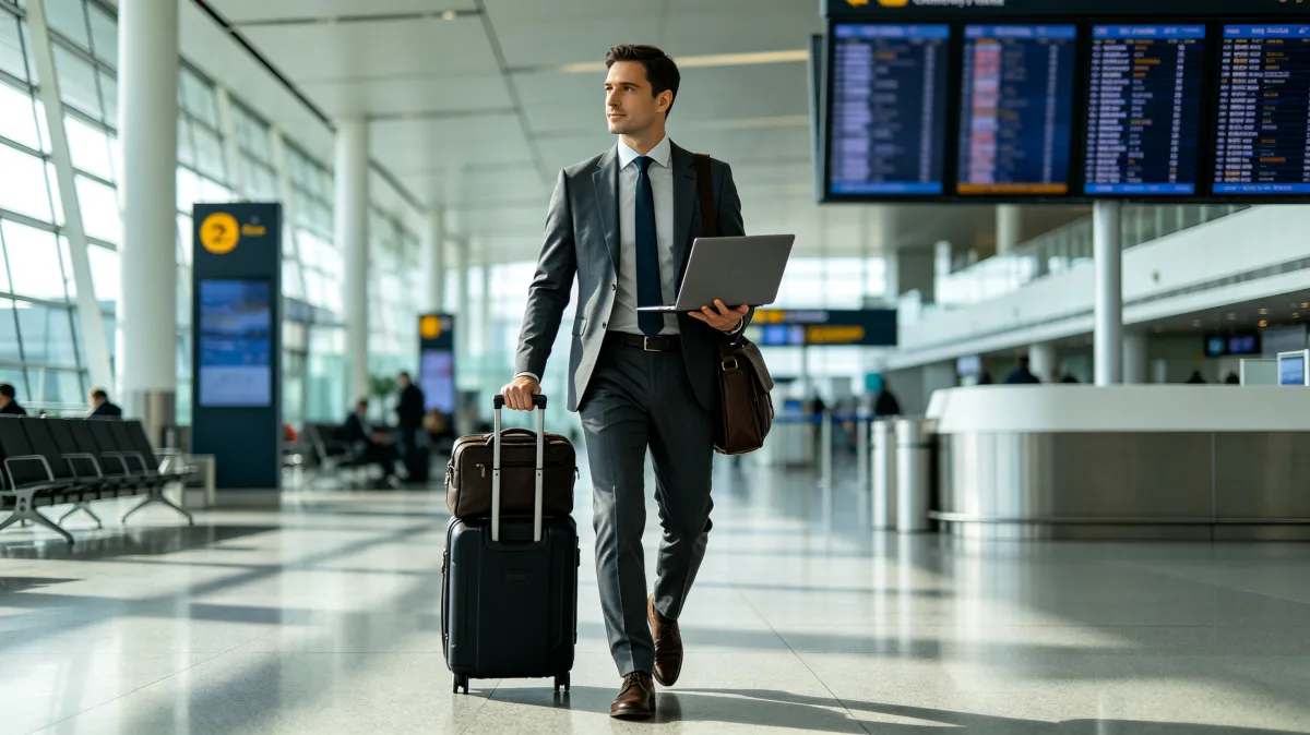 Business traveler walking through airport terminal with suitcase
