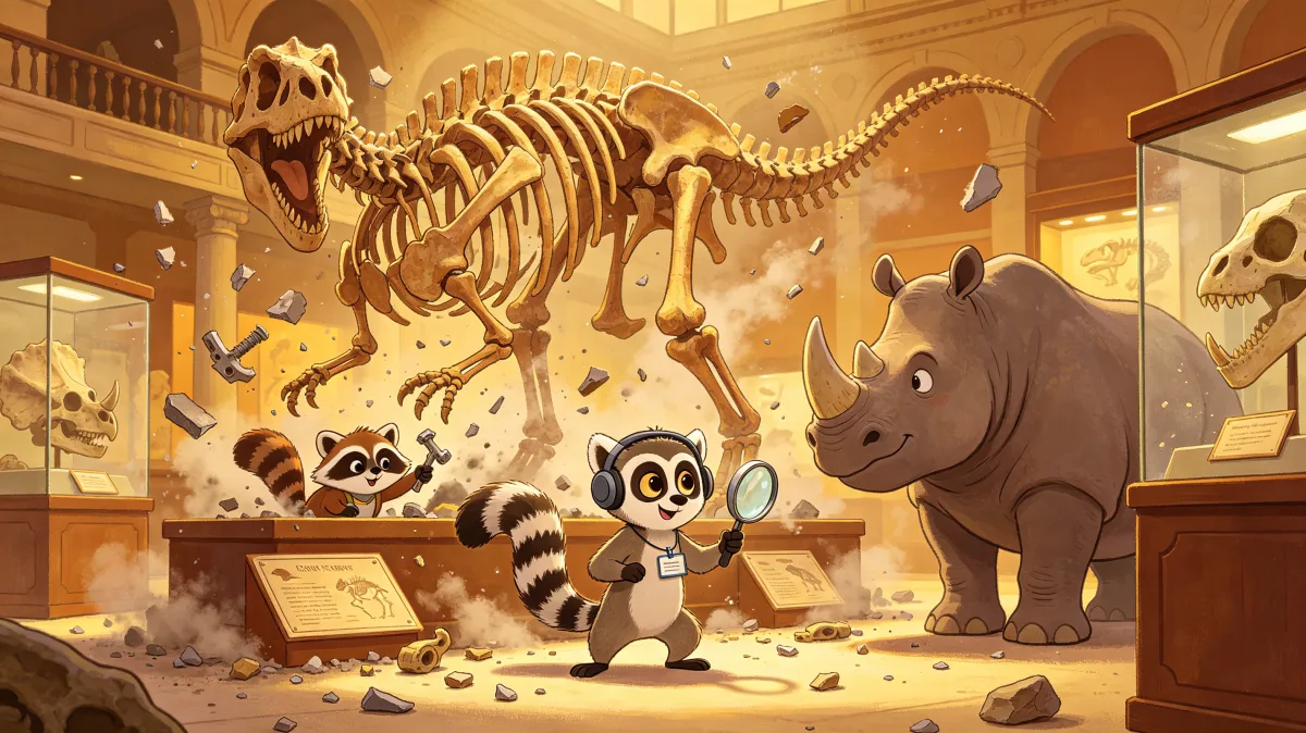A colorful storybook cartoon scene featuring animal museum dinosaur skeleton surprise, designed for playful children-friendly illustration use.