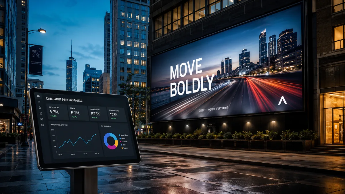 A city billboard reading move boldly overlooks wet streets, traffic light trails, and a tablet dashboard for a nighttime outdoor advertising concept.
