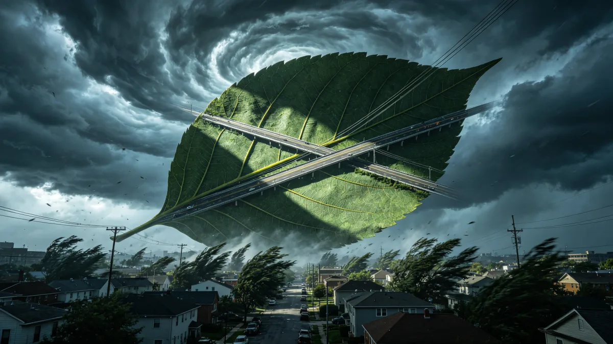 A huge green leaf shaped like a bridge or ramp crosses over houses beneath a turbulent sky, creating an environmental fantasy about natural infrastructure, weather, resilience, and fragile urban...