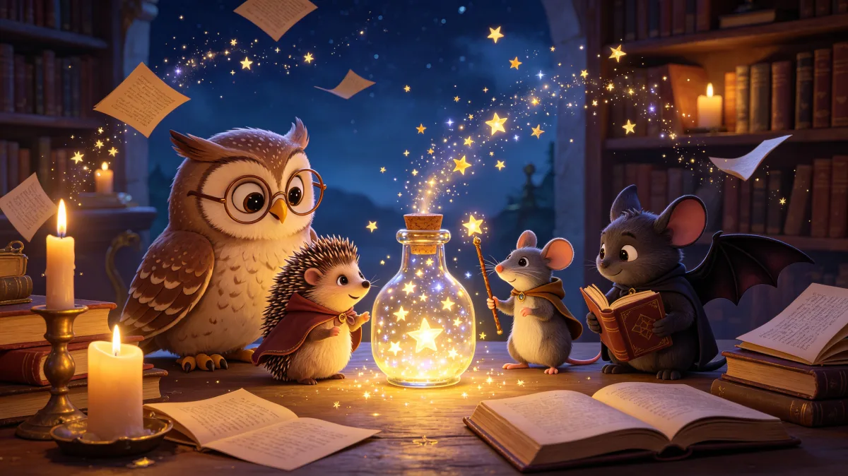 A colorful storybook cartoon scene featuring owl reading magic book at night, designed for playful children-friendly illustration use.