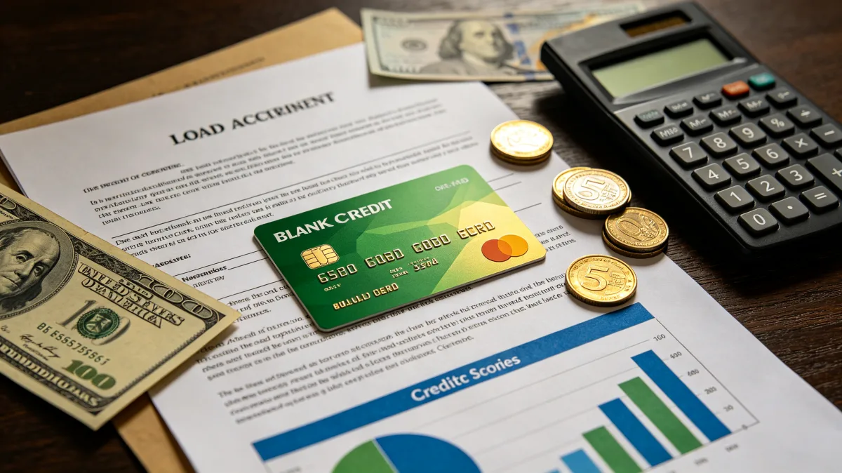 A loan application document, payment card, calculator, coins, and dollar bills are arranged on a desk, clearly showing borrowing, approval review, personal credit, and financial paperwork.