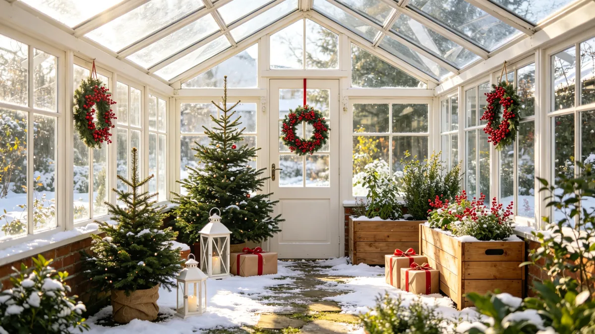 Christmas conservatory with tree, wreaths, gifts, and snowy garden