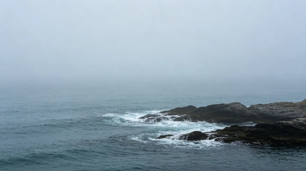 low mist drifts over rolling ocean swells in a quiet blue-gray scene.