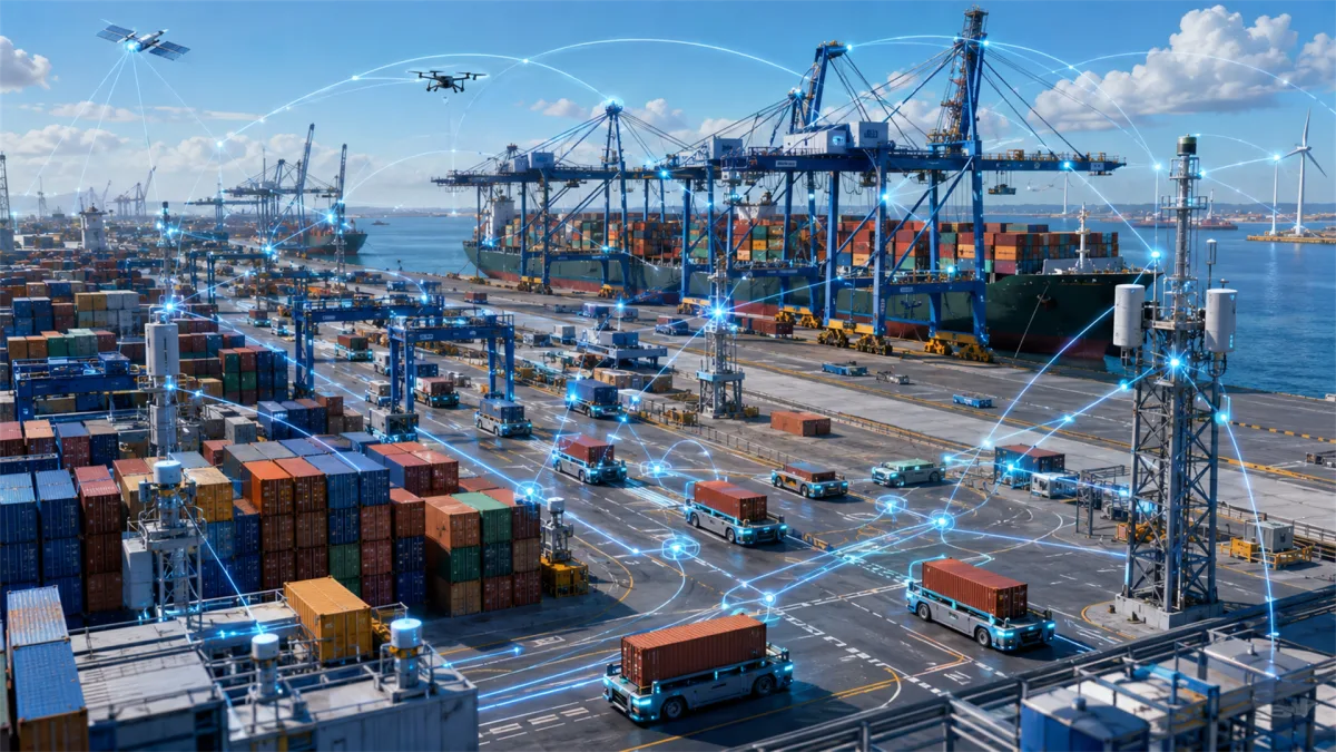 A busy container terminal includes cranes, trucks, ships, and drones connected by blue data lines, showing smart port operations, logistics tracking, maritime internet, and supply-chain...