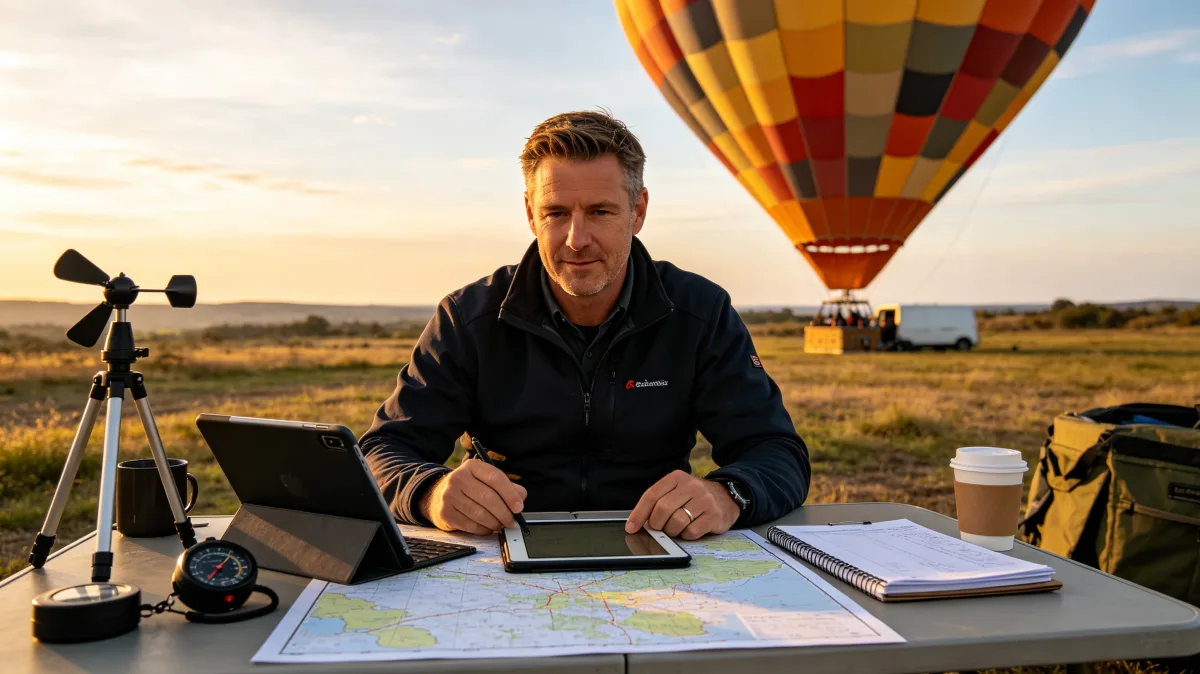 A man works at an outdoor table with maps, instruments, laptop, and a hot air balloon in the background, suggesting survey planning, expedition coordination, weather work, or travel documentation.