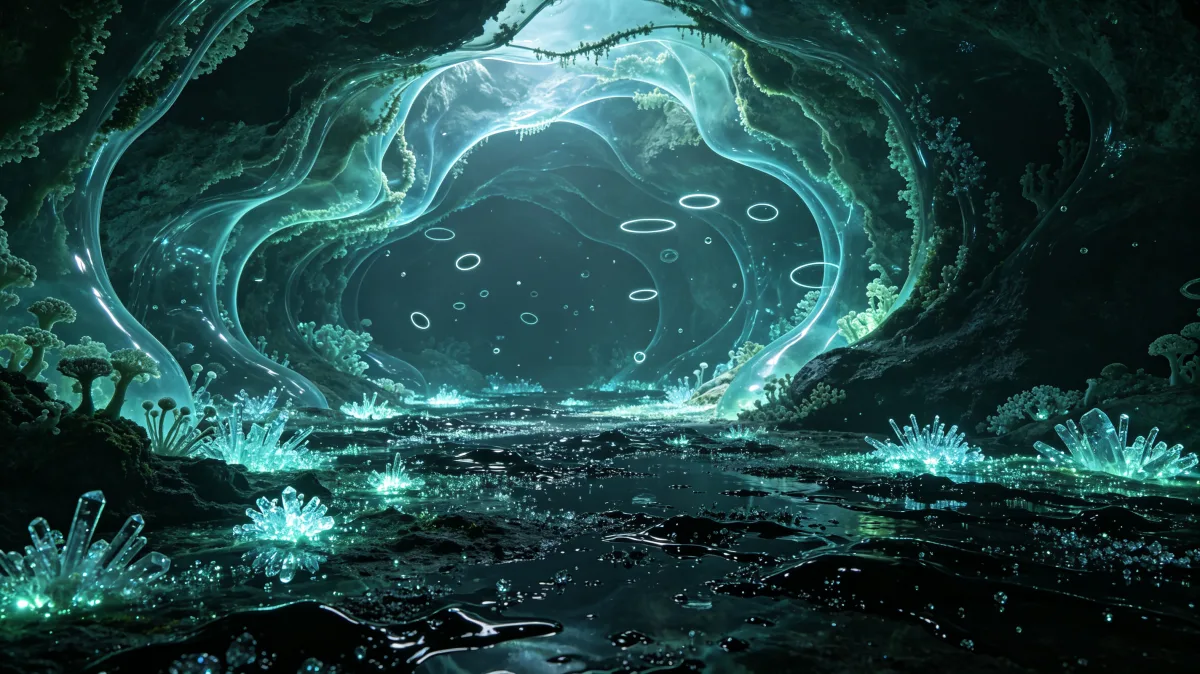 A cave glows with turquoise underwater light, coral shapes, and circular symbols across the floor.