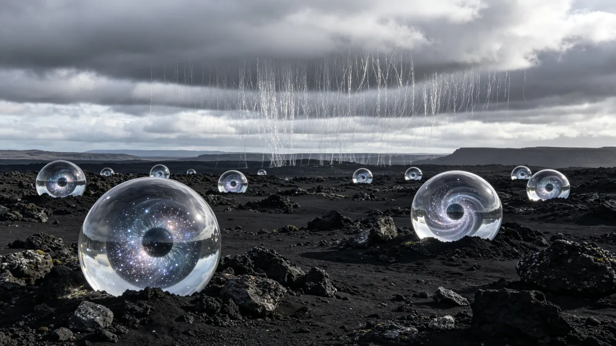 Clear glass spheres rest across a black volcanic plain beneath streaks of rain.